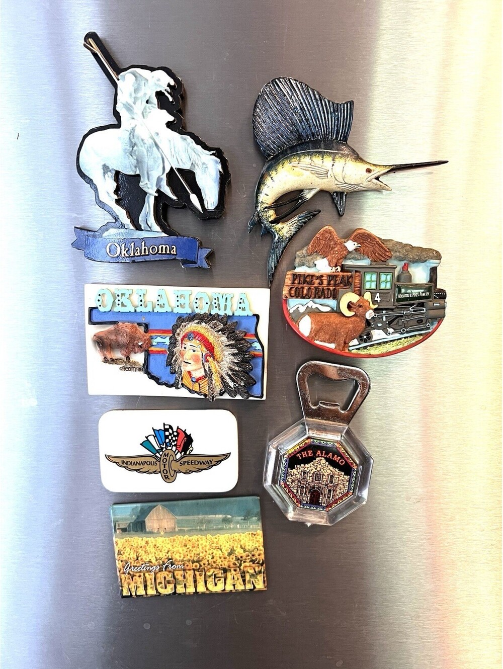 Vtg Lot of 7 Midwest USA 3D Tourist Souvenir Magnets OK, Indianapolis Speedway